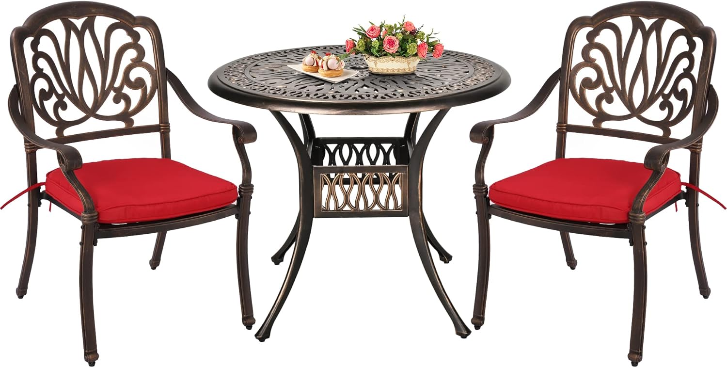 Grepatio 3 Piece Bistro Set Outdoor Cast Aluminum Patio Dining Set Table and Chairs Outside Bistro Furniture 2 Chairs and 1 Umbrella Table for Lawn Garden (Red)
