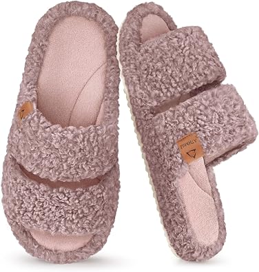 ATHMILE Womens Slippers Lightweight Arch Support Open-Toe Fuzzy House Slippers for Women Cozy Memory Foam Indoor Outdoor Double-Strap Design