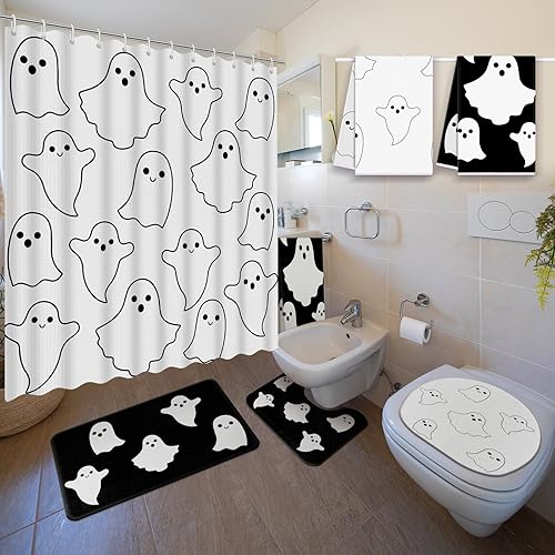 Nuanchu Juego de 6 cortinas de ducha de Halloween con alfombra, juegos de baño con cortina de ducha, tapete en forma de U, cubierta para tapa de