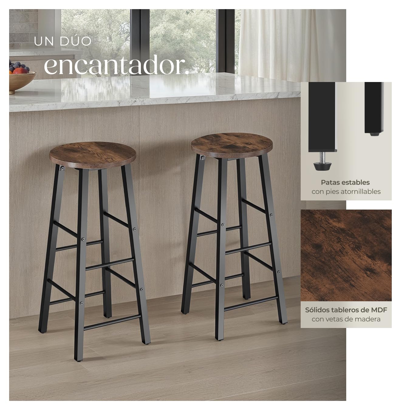 tectake® Juego de Taburetes de Bar con Estilo Industrial, para sillas Comedor, Taburete Alto Cocina, sillas de Comedor, Barra de Cocina - 31 x 31 x 72,5 cm Madera Industrial Oscura, Rústica