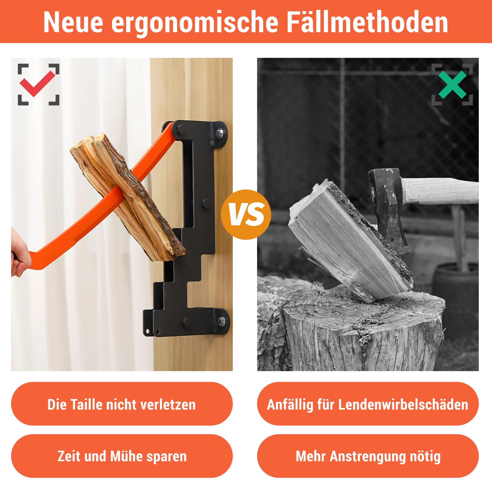 IEEILULU Cortadoras de Troncos, Separador de Madera de Mano, Separador de Madera Manual con Mango Extraíble y Guantes, Soporte de Pared Manual para Leña para Casa, Exterior Camping (Naranja)