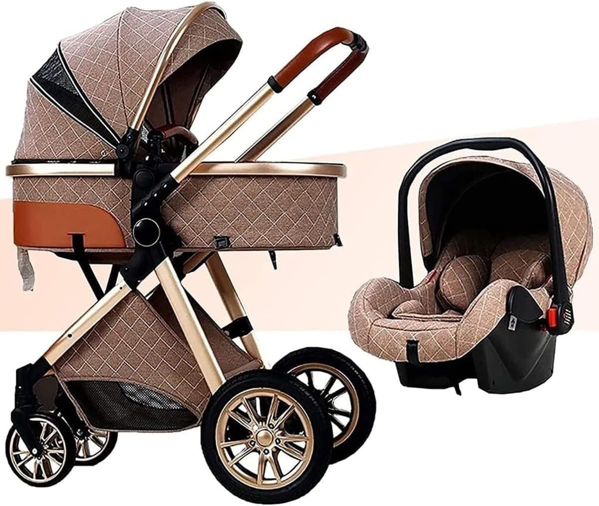3 in 1 Baby Stroller Travel System Foldable Bassinet with Footmuff Blanket Cooling Pad Rain Cover Backpack Khaki