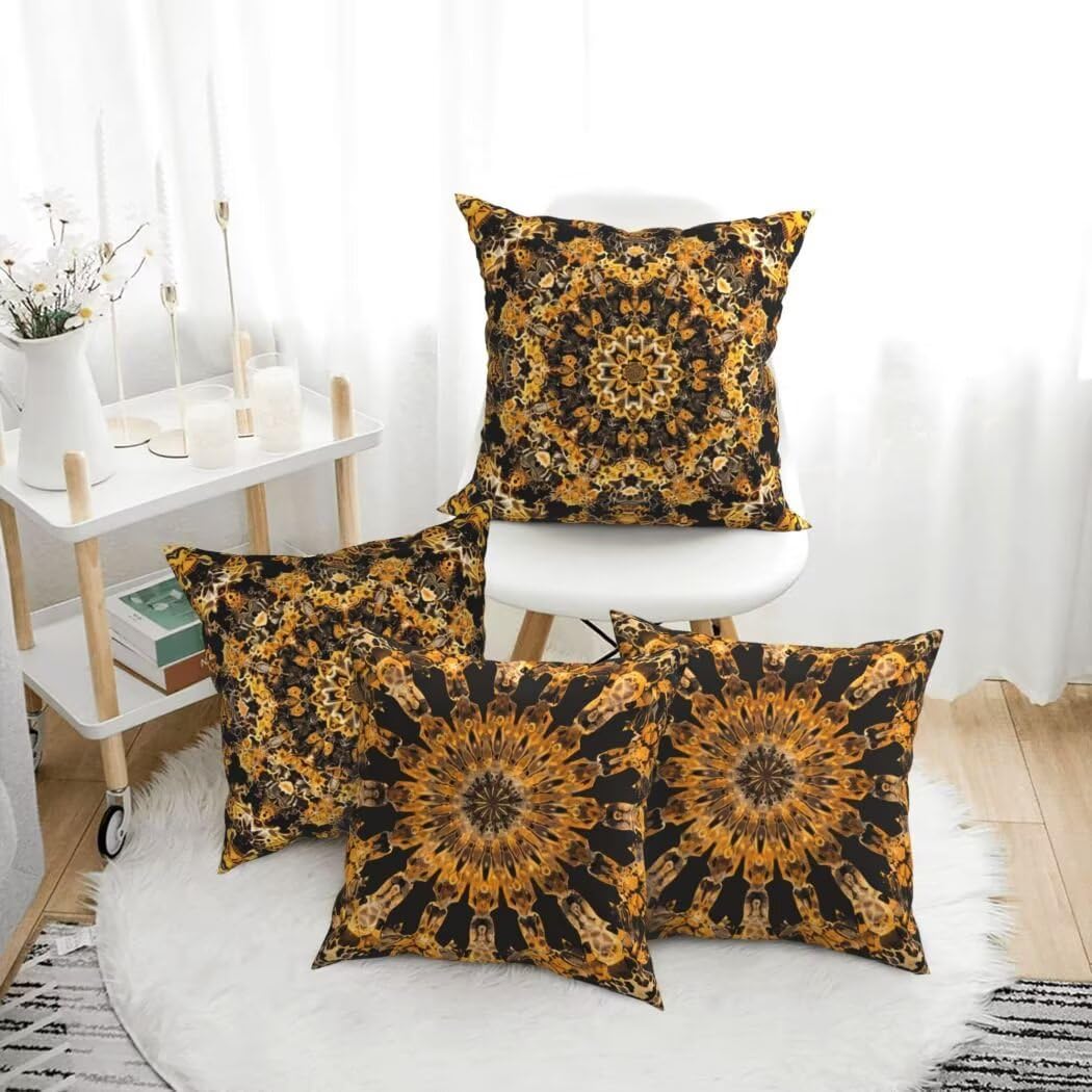 Kissenbezug 50x50 4er Set Leinen Kissenbezüge Golden Dekorative Sofakissen Zierkissen Ethnisch Couchkissen Outdoor Kissen Zierkissenbezüge Deko Kissen für Sofa Schlafzimmer Wohnzimmer Balkon -LI624