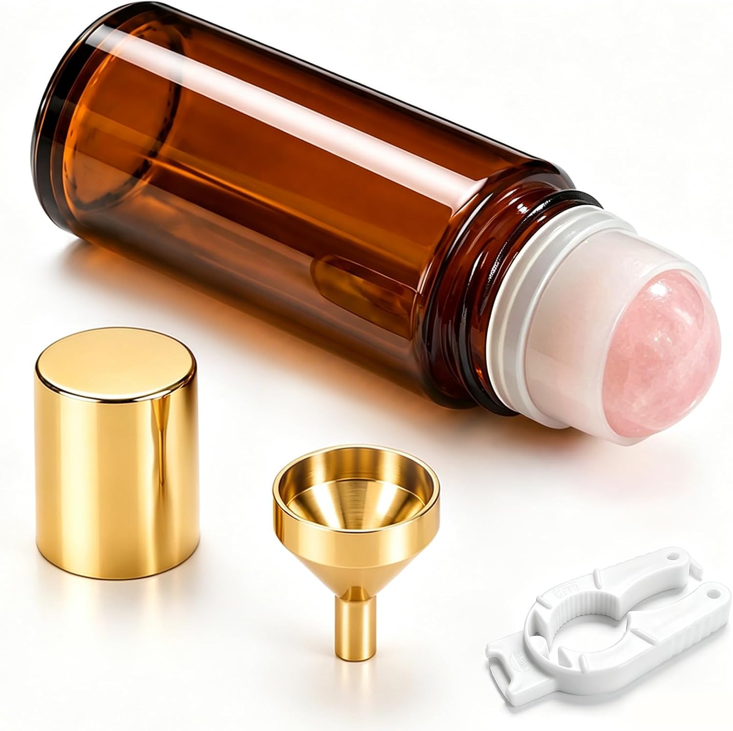 Rose Quartz Roller Bottle, 50ml Amber Glass Roll On Bottle with Crystal Roller Ball, Refillable Roller Ball Applicator for Essential Oils, Perfume, Serums and Castor Oil, Gold Cap Funnel Opener