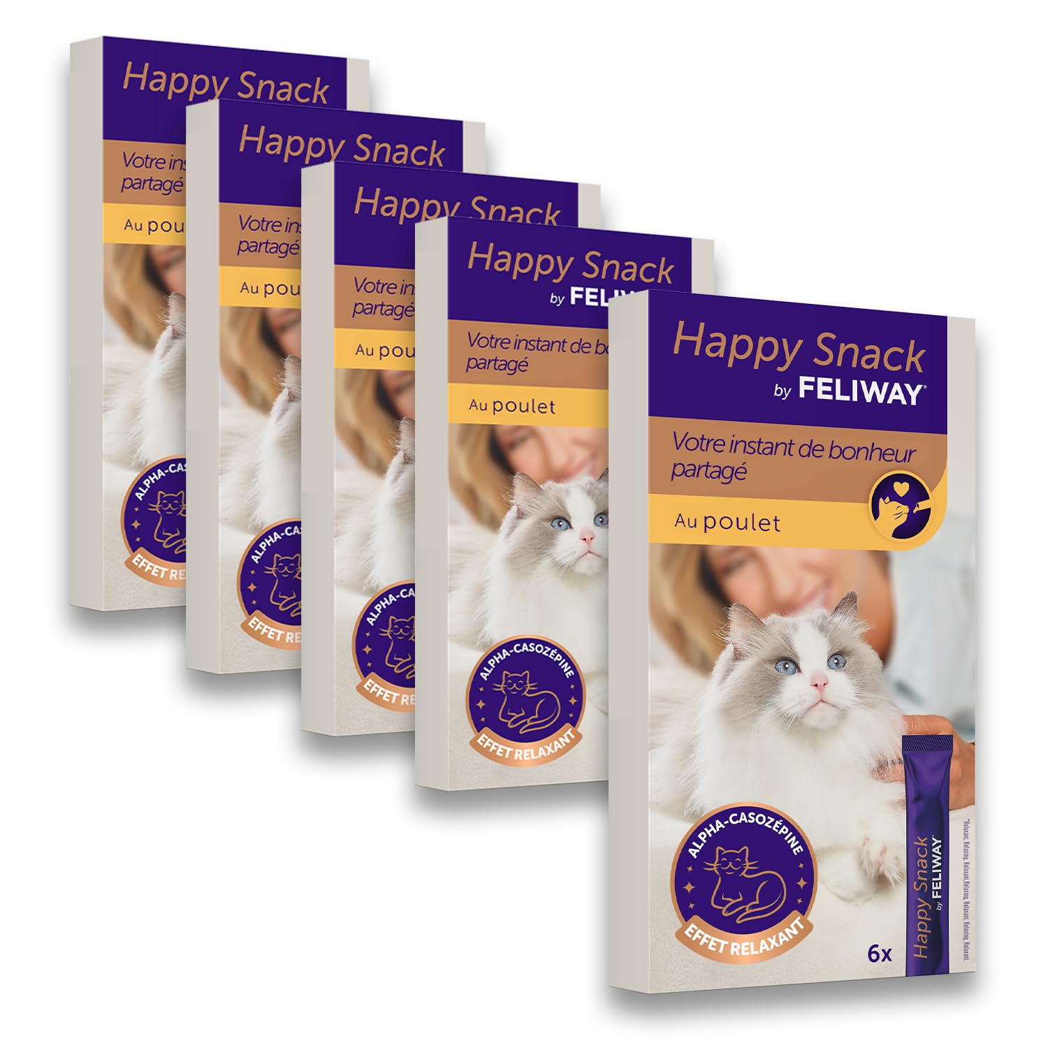 Happy Snack by FELIWAY - Pack de 5 boits - Friandise Onctueuse Relaxante pour Chat - Appréciée par 86% des Chats - sans Somnolence - Au Poulet - 30 Sticks de 15g