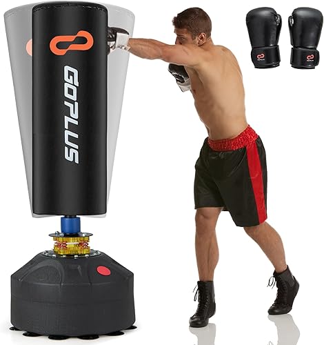 Goplus Saco de boxeo independiente de 70 pulgadas, bolsa de boxeo pesada de 220 libras con guantes, amortiguador, base de 12 ventosas, saco de boxeo