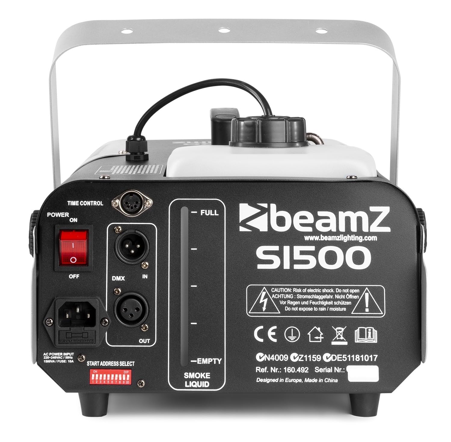 BeamZ S1500 Machine à Fumée 1500 Watts, Télécommande avec Contrôle du Débit et Programmateur, Réservoir 2.5 L, Débit par Minute 295m³, Étrier de Montage, Idéal pour Scène ou Discothèque
