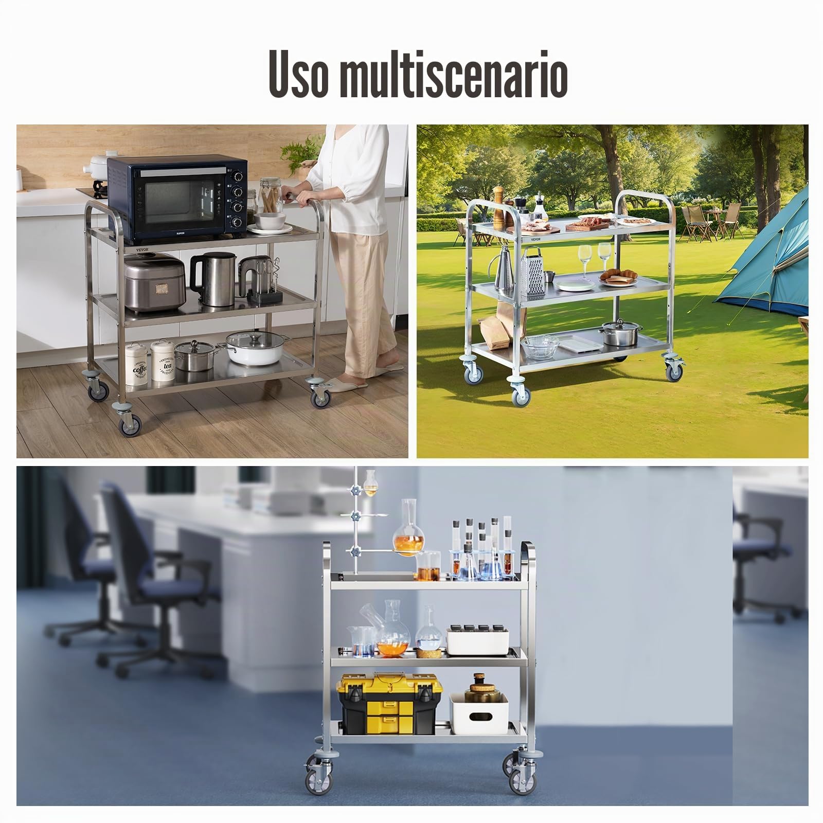 VEVOR Carrello da Laboratorio in Acciaio Inox 3 Ripiani 100 kg 740x396x860 mm
