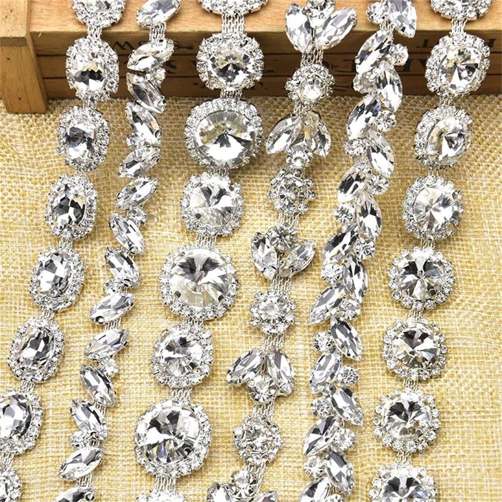 Generic Silver Plated Crystal Diamond Chain Rhinestone Sewing Ribbon Trim Applique DIY Hats Clothes Decoration Accessories, 100cm, style 1