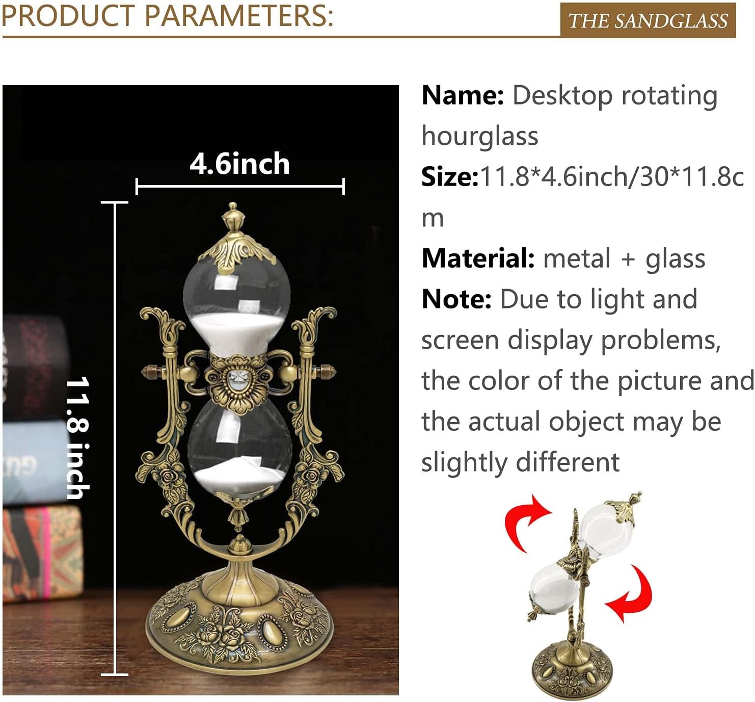 Hourglass Sand Timer Decorative,11.8inch Tall,360° Rotating Metal White Sand Watch 30 Min,Antique Hour Glass Decor for Office Desk- Crafts,Ornaments(Brass)