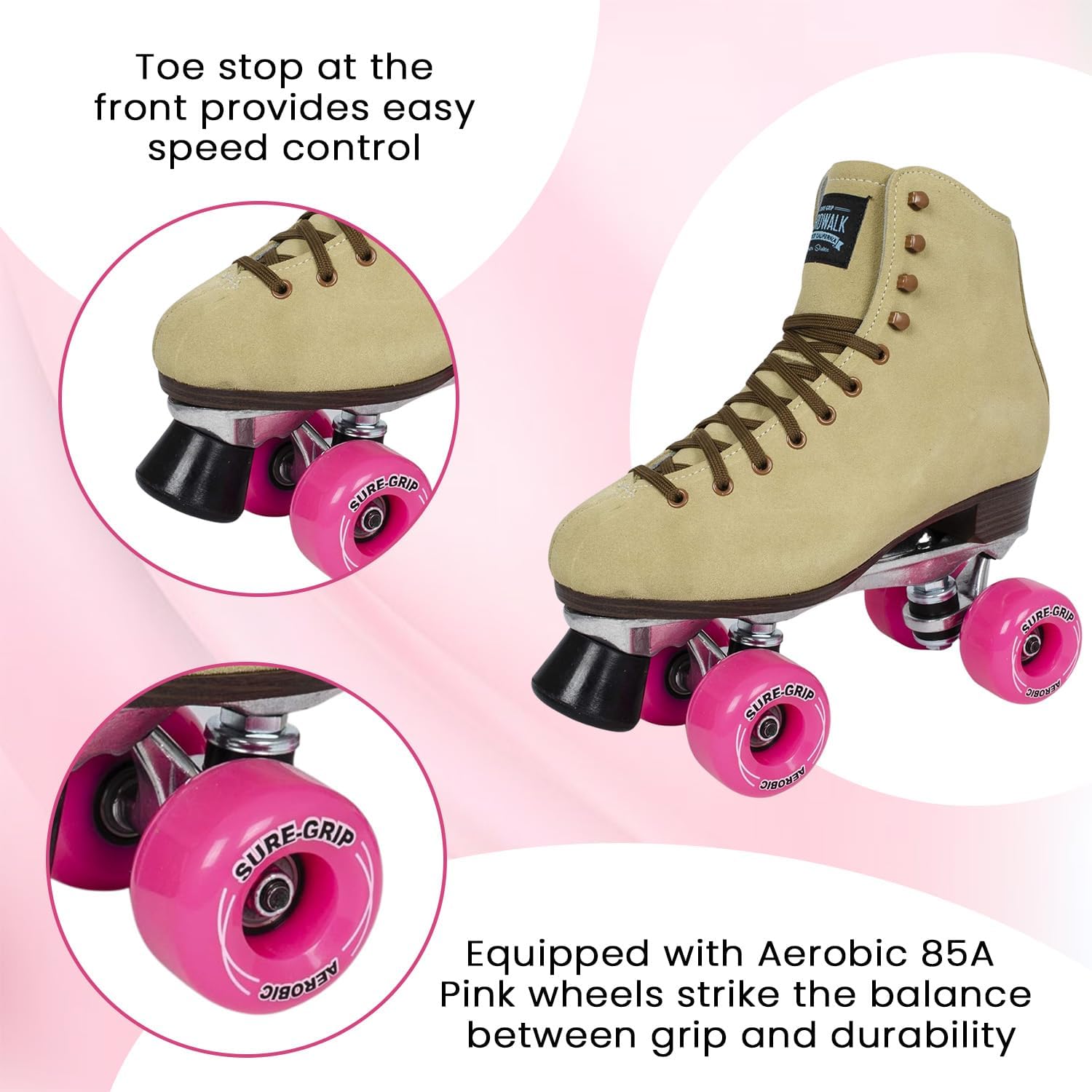 Sure-Grip 1300 Tan Suede Outdoor Roller Skates - Retro Boots with Durable Suede Leather & Polyurethane Aerobic 85A Pink Wheels - ABEC 3 Bearings & Super X Aluminum Plate - Suitable for Men & Women