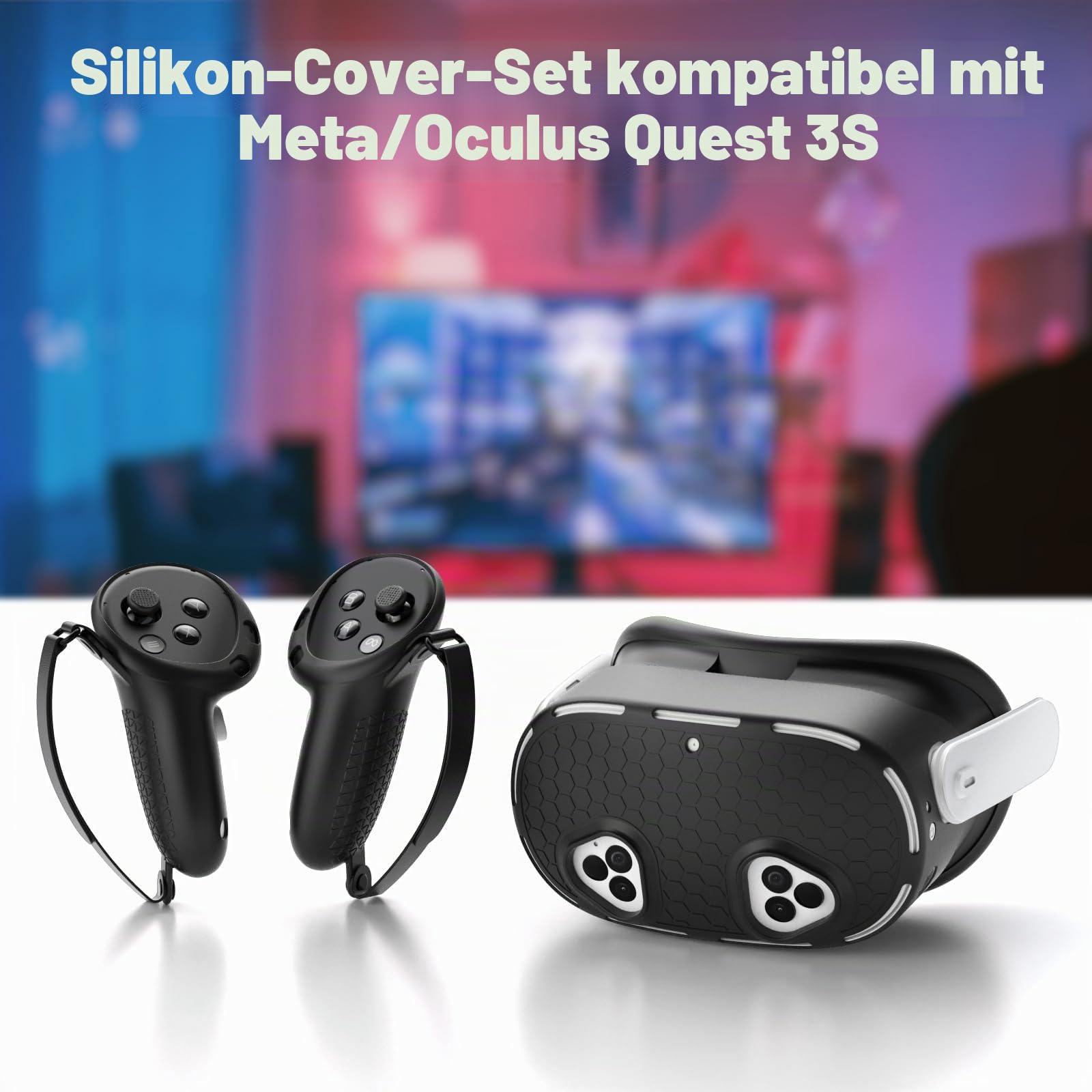 Silikon-Abdeckungs-Set für Meta Quest 3S, inklusive Silikon-Gesichtsabdeckung, Controller-Griffabdeckung, VR-Zubehör, Silikon-Schutzhüllen-Set für Quest 3S, Schwarz, Einfacher Stil