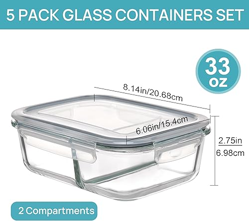 Miniatura 2 de Vtopmart Paquete de 5 recipientes de vidrio de almacenamiento de alimentos de 33 onzas con tapas, recipientes de preparación de comidas, 2