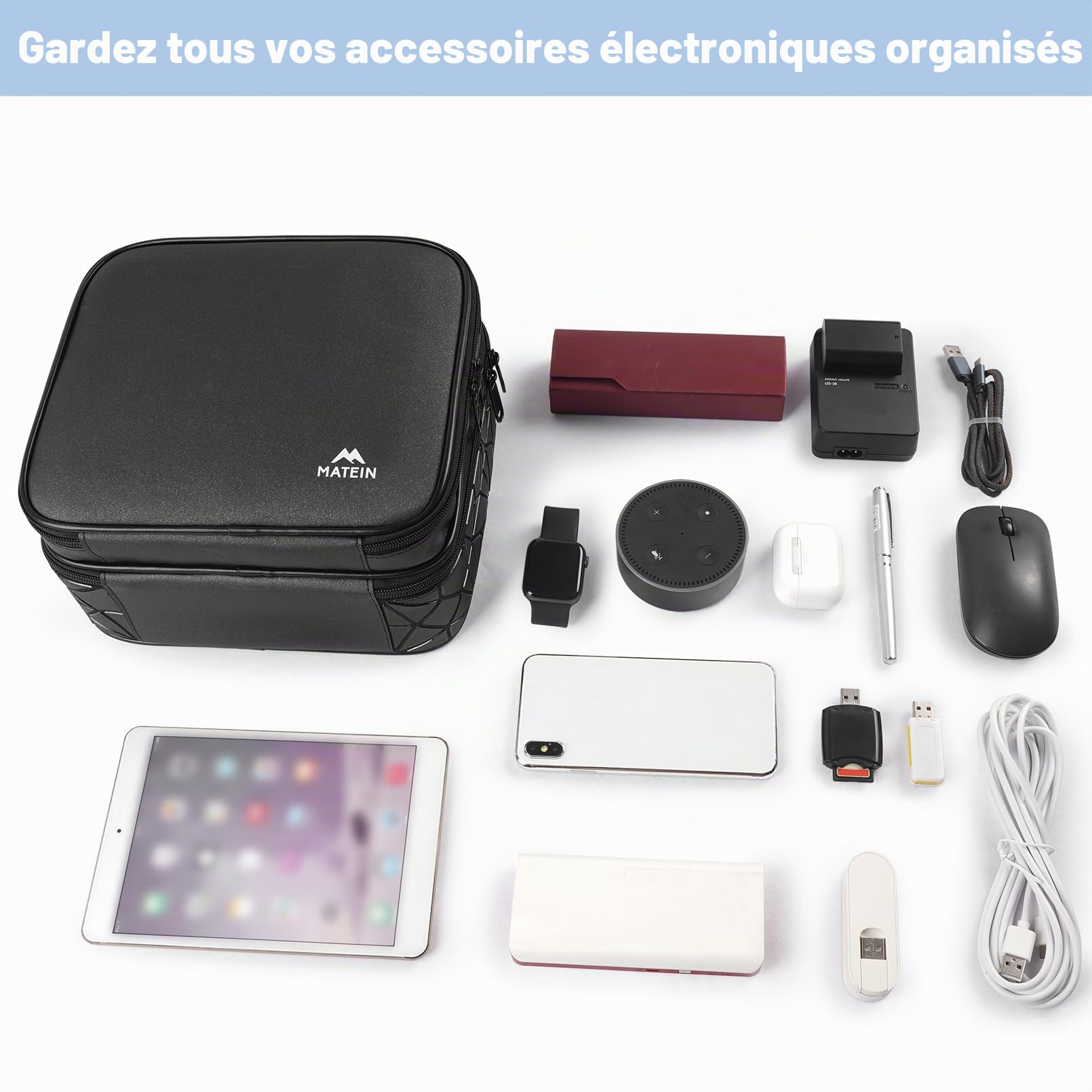 MATEIN Sac de Rangement de câbles étanche avec séparateur réglable résistant aux Chocs Portable Double Couche pour Cordon écouteurs Chargeur