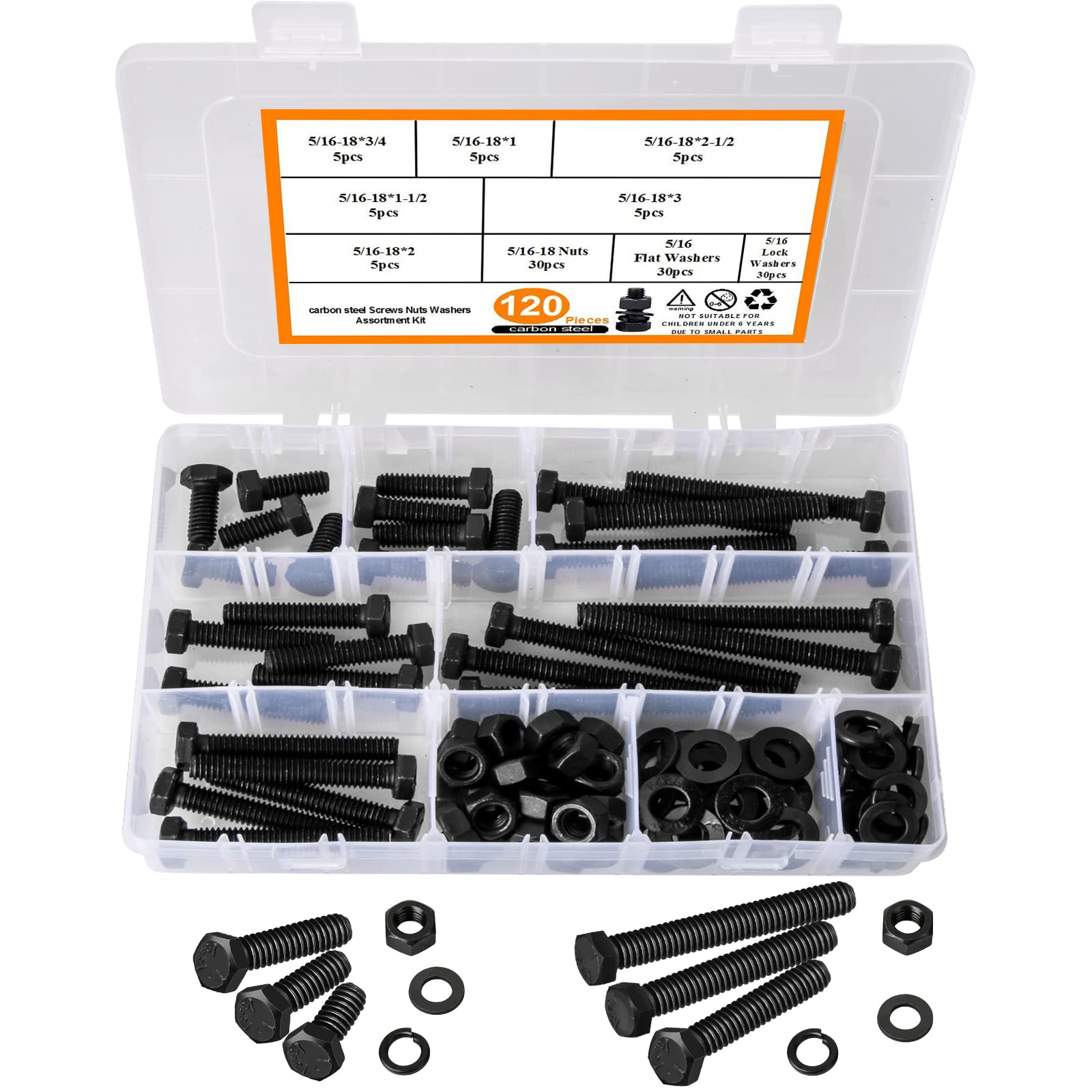 Hakkin 120PCS 5/16-18 Hex Bolts and Nuts Kit, Length 3/4",1”,1-1/2",2",2-1/2”,3”, 5/16” Heavy Duty Nuts and Bolts Screws Flat & Lock Washers Kit,