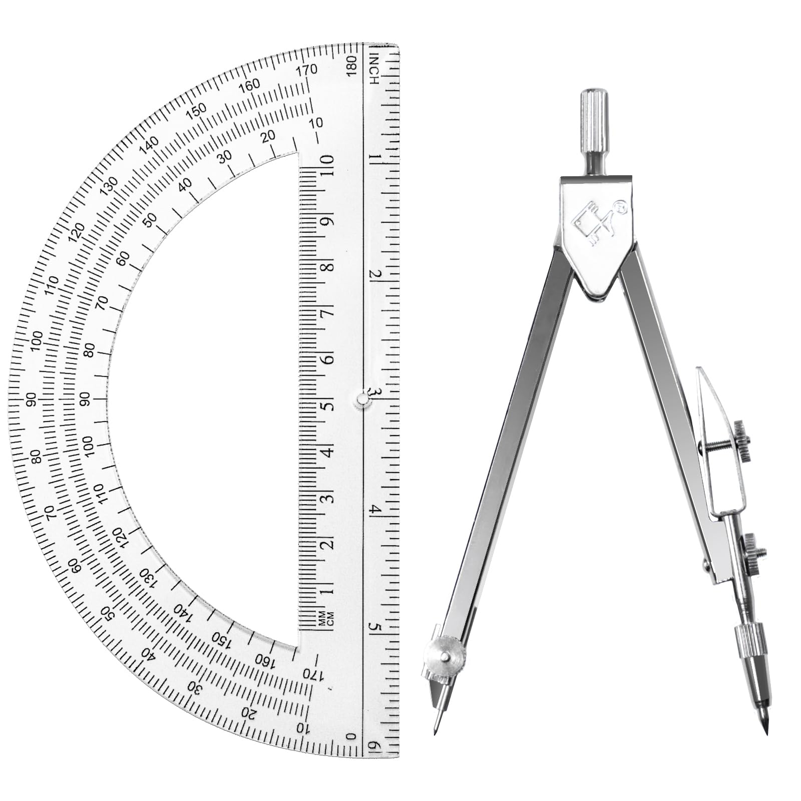 Tdfronien Students Geometry Math Set, Drawing Compass and 6 Inch Transparent Swing arm Protractor 180 Degree Math Protractor (Transparent)