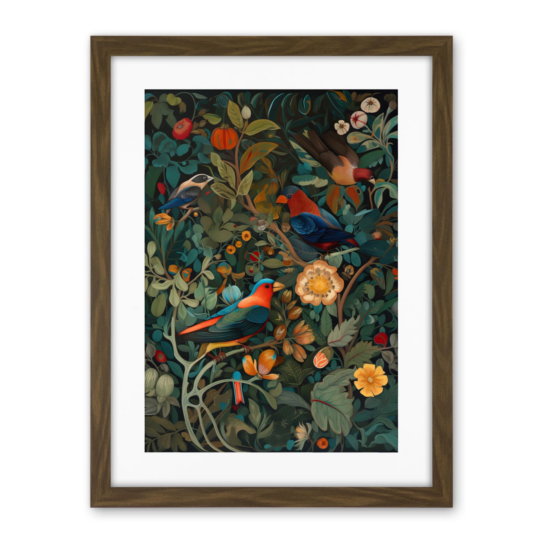 Artery8 Parrots on Exotic Blooming Trees Modern Folk Art Artwork Framed Wall Art Print 18X24 Inch
