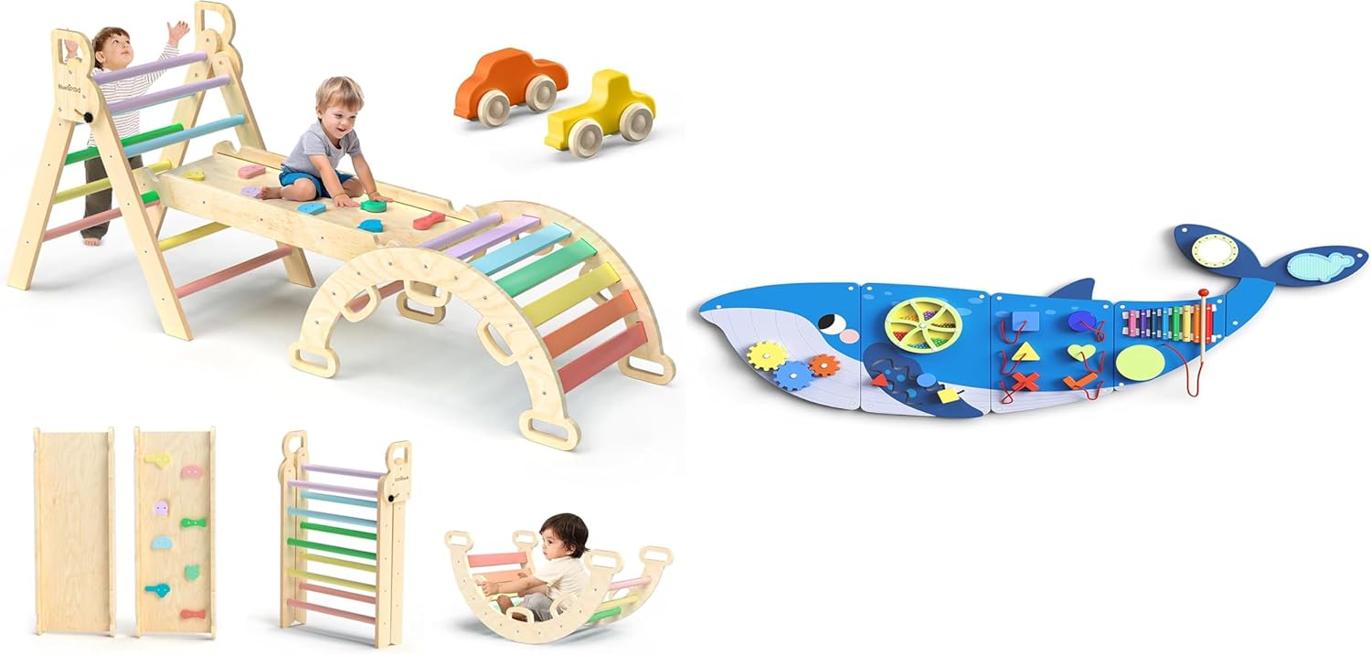 BlueWood Pikler Triangle Set 7in1 Foldable, Whale Wall Busy Board Panels