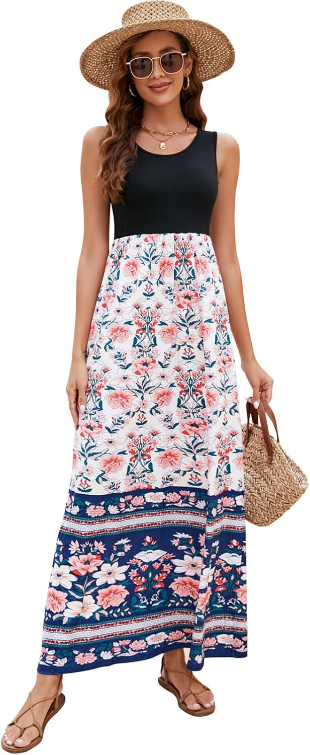 Sherosa Women's Summer Sleeveless Boho Floral Maxi Dresses Chevron Striped Casual Tank Flowy Long Sundress Beach Vacation - Image 3
