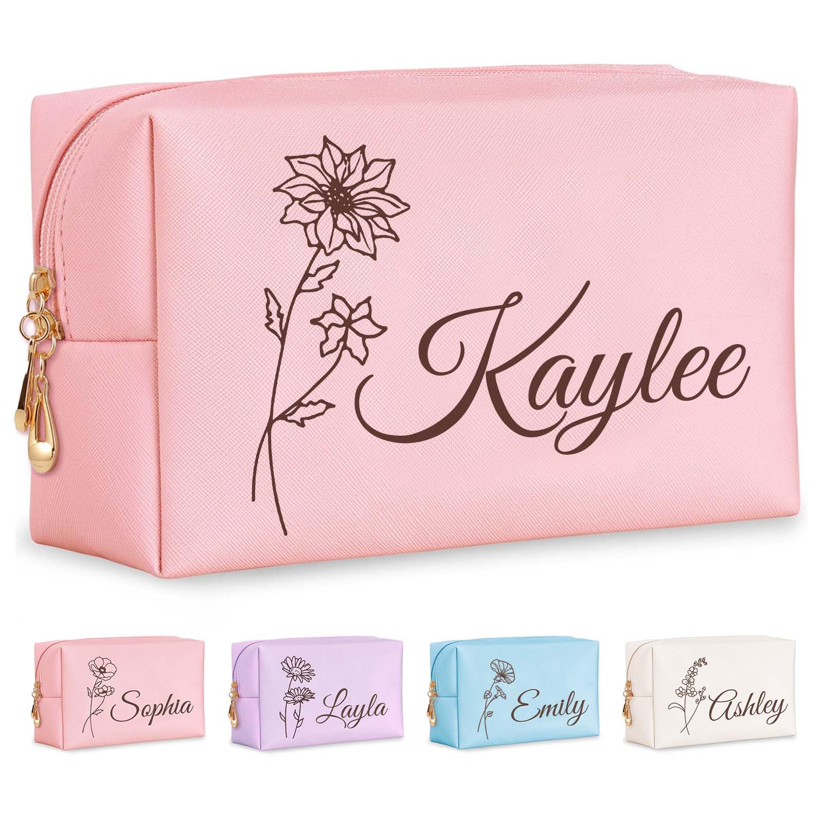 Fincekoom Personalized Makeup Bag with Name & Birth Flower, Custom Leather Cosmetic Bags for Women, Customized Travel Toiletry Bag Gifts for