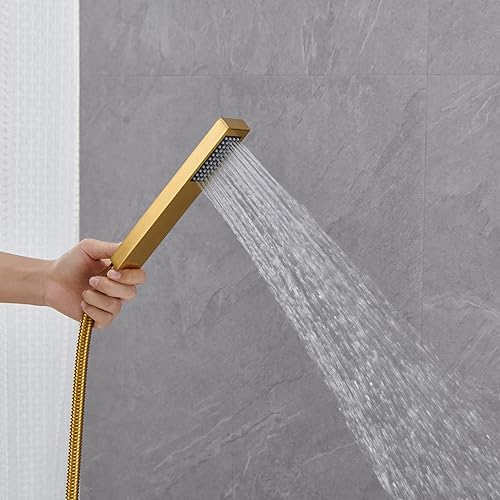 Miniatura 6 de Grifo de bañera independiente, relleno de bañera de oro cepillado, montaje en piso, grifos de baño de latón con una sola manija con ducha de mano