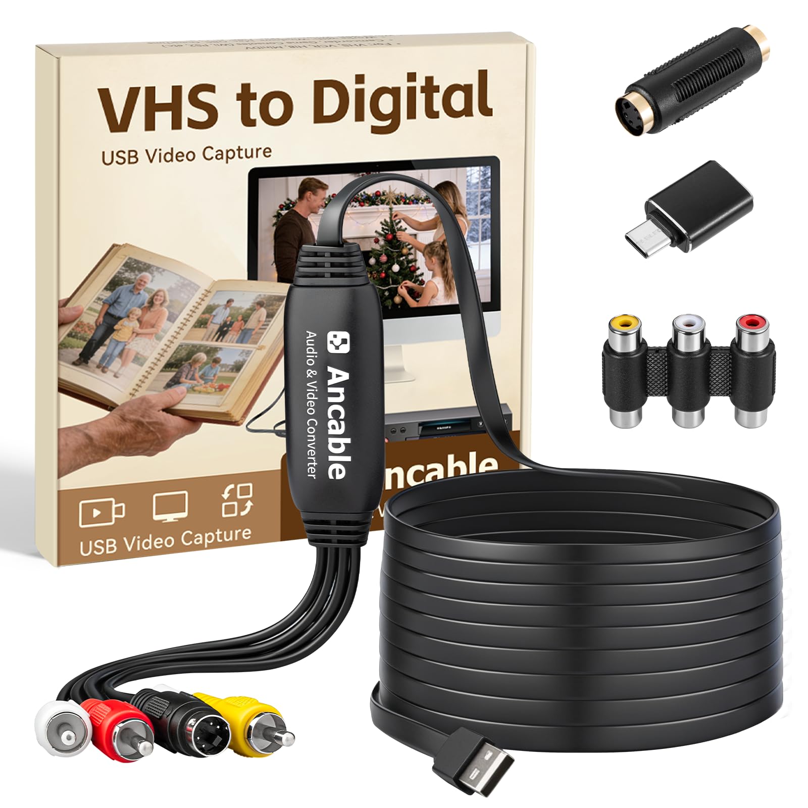 6-Feet VHS to Digital Converter, Video Capture Card for Mac/Windows, Preserve Old Family Memories from VCR VHS Hi8 MiniDV, USB 2.0 RCA to USB with S-Video & USB-C Adapter, Full Software Guide Included-image-6