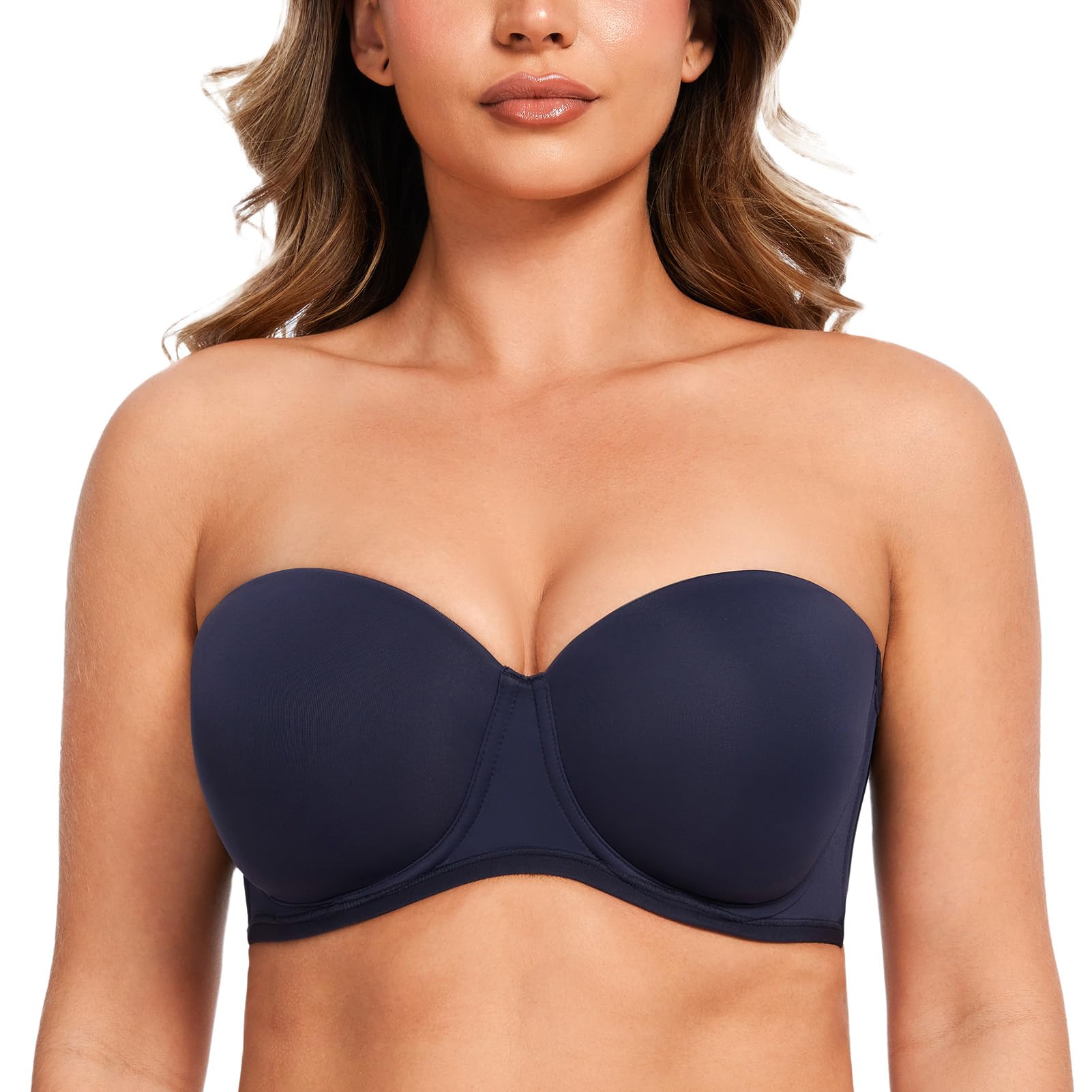 MELENECA Women's Underwire Strapless Bras for Bigger Bust Back Smoothing Plus Size Navy Blue 38DD