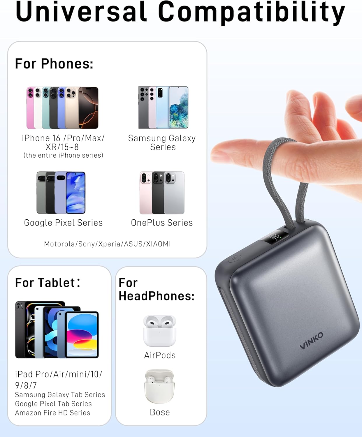 VINKO Small Portable Charger, 22.5W Fast Charging Mini Power Bank 10000mAh with Built-in Cables, Travel Essential USB-C Battery Pack Compatible with iPhone 17/16/15, Samsung S25/24, Android (Gray) - Image 7