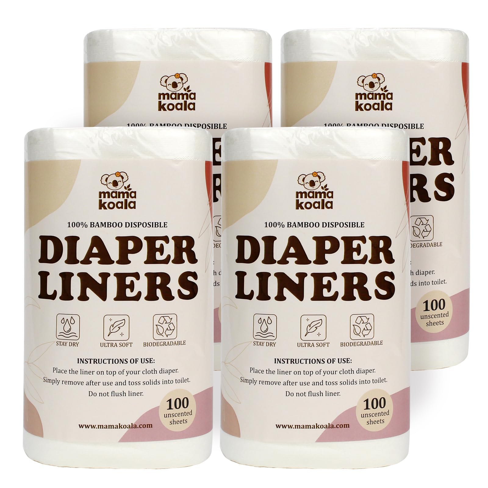 Mama Koala Disposable Natural Bboo Diaper Liners for Cloth Diapers, 400 Sheets (4 Pack)