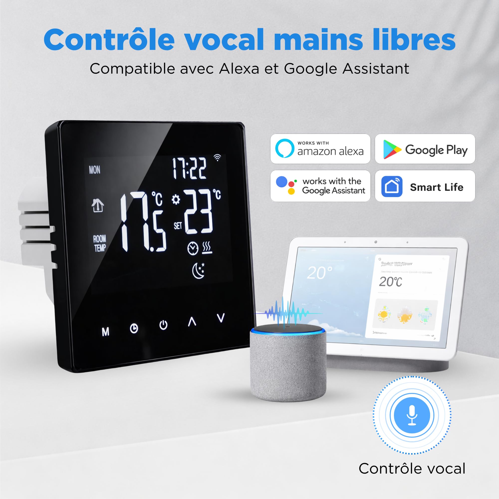 BeFit24 WiFi Thermostat pour Plancher Chauffant | Thermostat WiFi Tuya | Thermostat Mural Connecte Prog 7 J | LCD Afficher | Compatible Alexa & Google Assistant | 16A 3600W