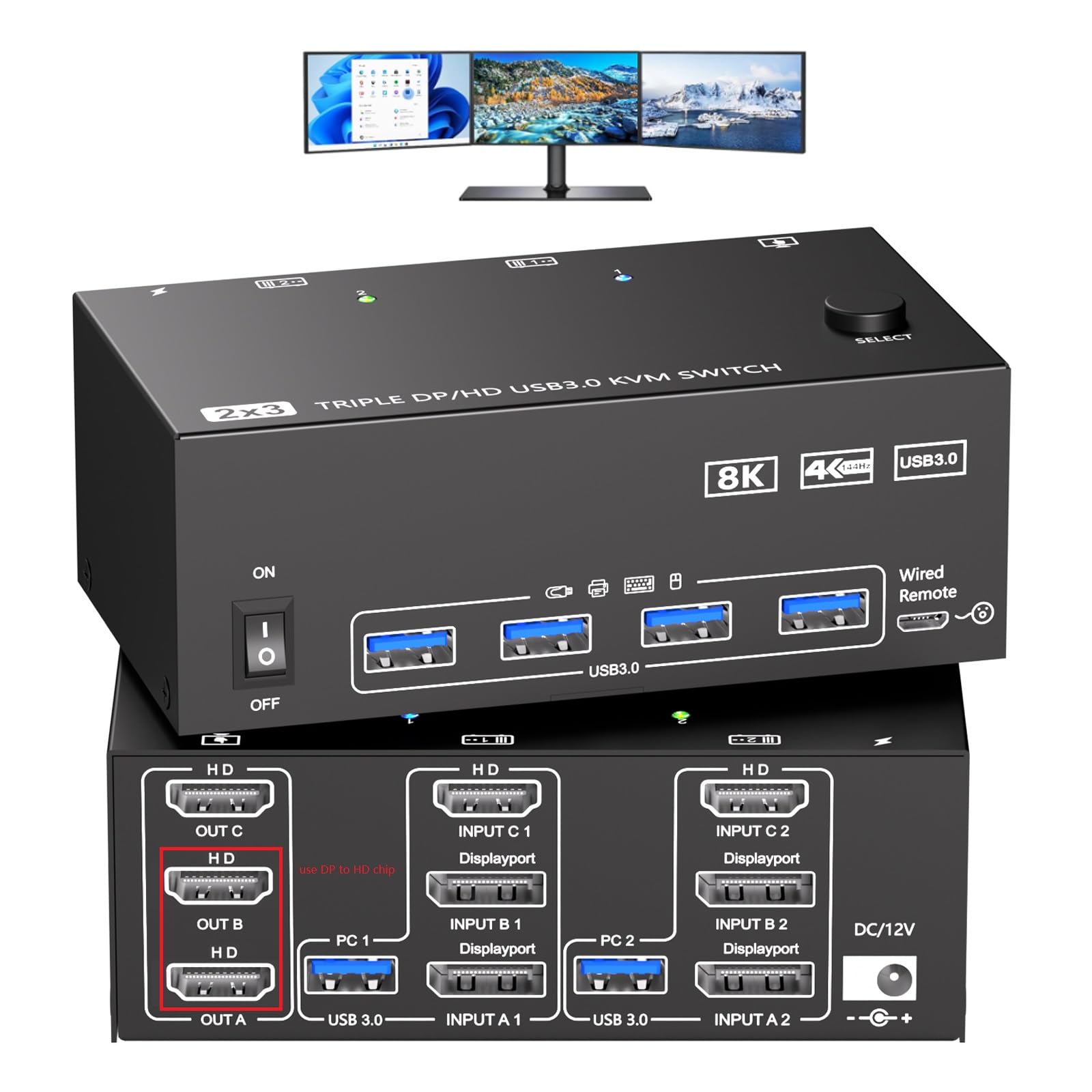 Commutateur KVM 3 moniteurs 2 ordinateurs 8K @ 30 Hz/4K @ 60 Hz, commutateurs KVM HDMI pour partage de 2 PC, triple moniteur et souris clavier avec adaptateur d'alimentation