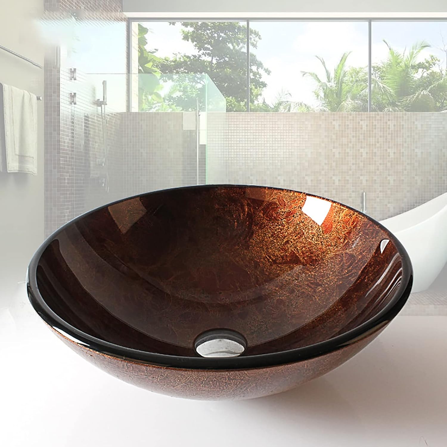 Bathroom Vessel Sink, Round Tempered Glass Vessel Sink Artistic Vessel Bowl Sink Countertop Vanity Vessel Sink with Pop Up Drain Combo, 420×420×145mm,Brown