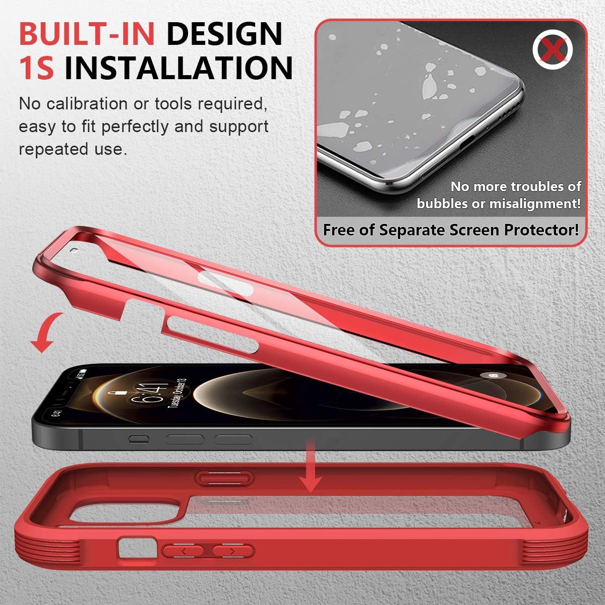 Miracase Glass+ Case for iPhone 12 Pro Max 6.7 inch, 2020 Full-Body Clear Bumper Case with Built-in 9H Tempered Glass Screen Protector for iPhone 12 Pro Max, Red