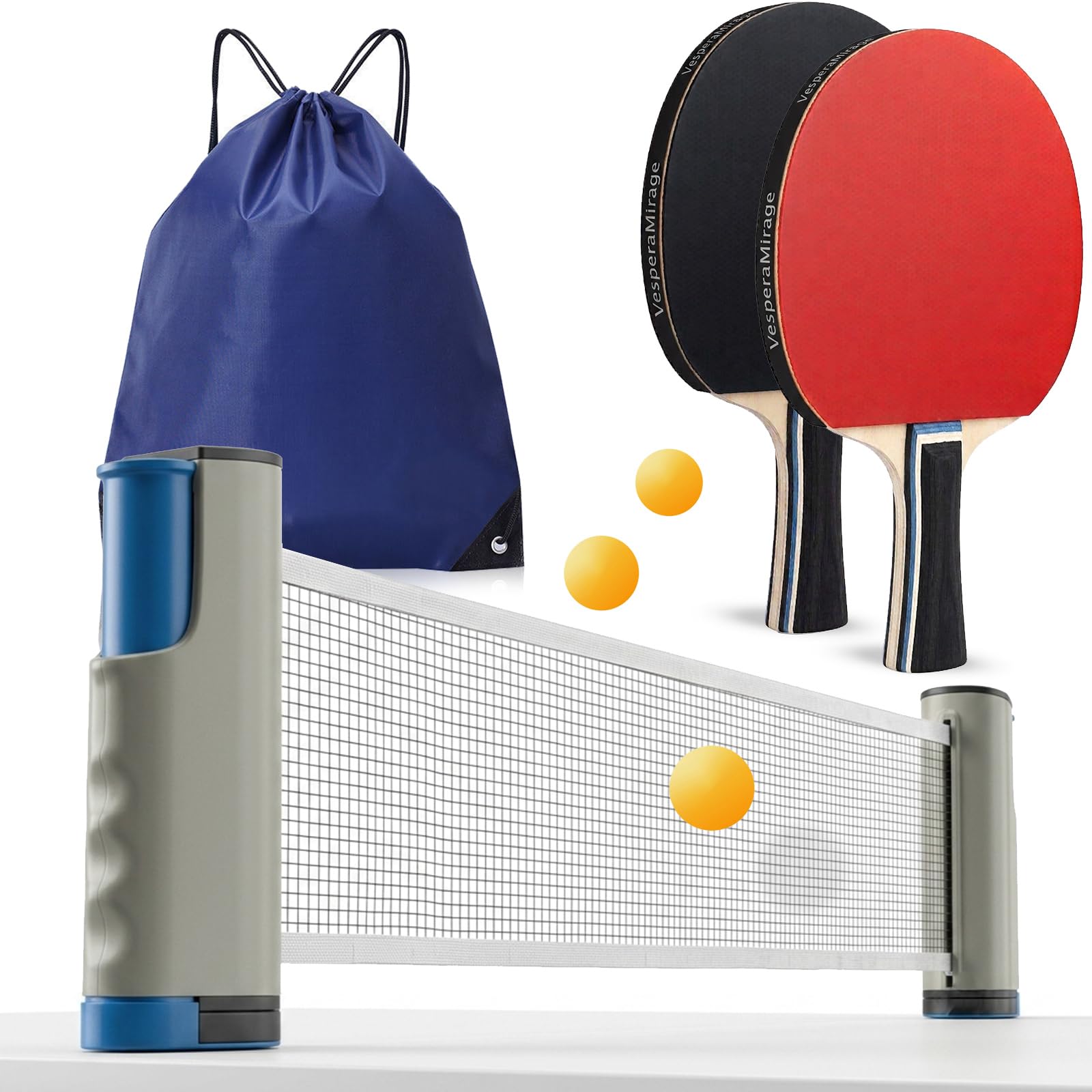 Professionelles Tischtennis-Set — 7-schichtige Lindenholz-Schläger (beidseitig Noppen-innen-Belag), ausziehbares Netz (passend für Tischplatten bis 5 cm Stärke), 3 ABS-Tischtennisbälle und tragbare Au
