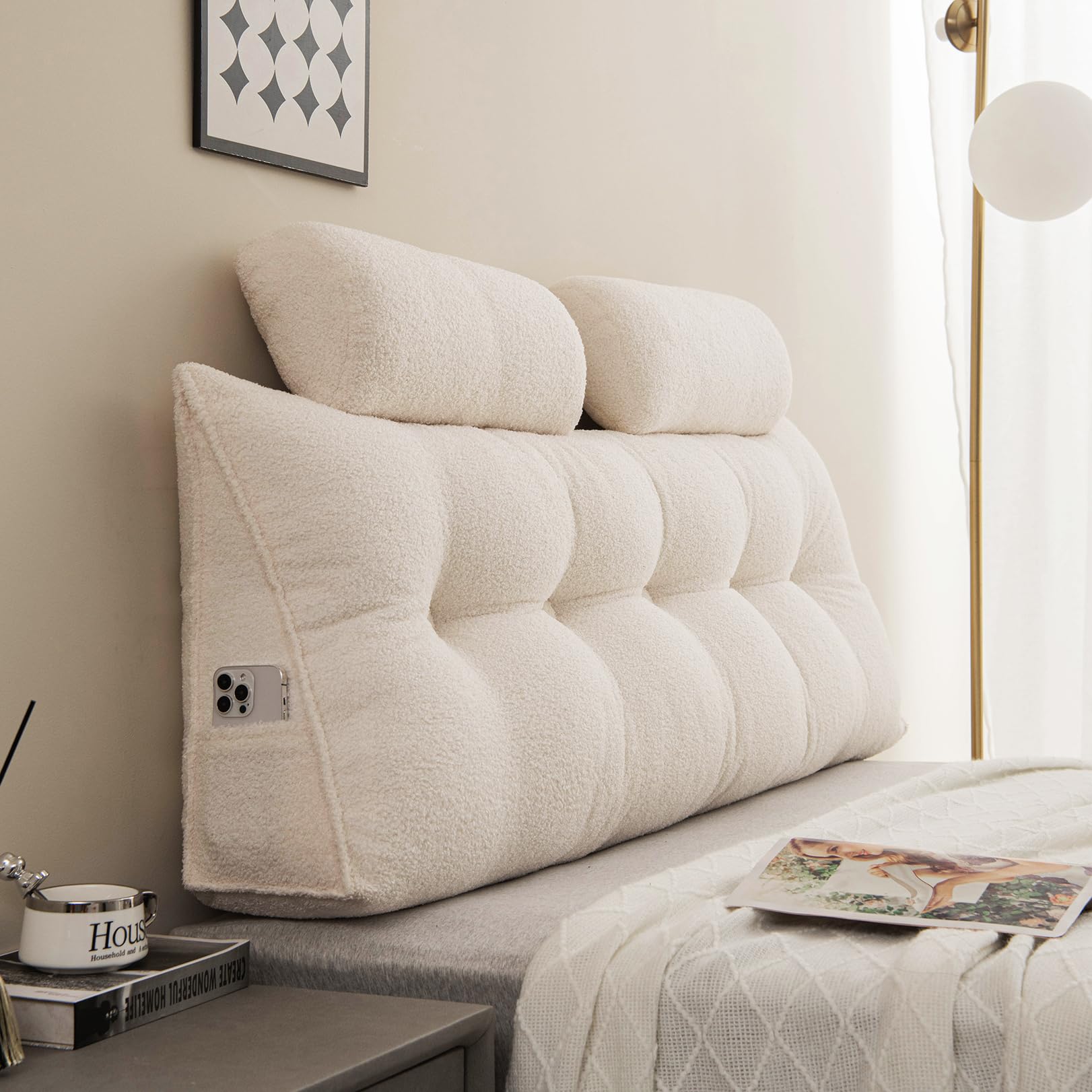 JIANCNGU Velvet Headboard Wedge Coussin avec Roll Coussin,Couverture Amovible lit de Jour Oreiller de tête, Appui de positionnement du Dossier Oreiller Repos Lecture Relaxant (Beige, 60 * 50 * 20cm