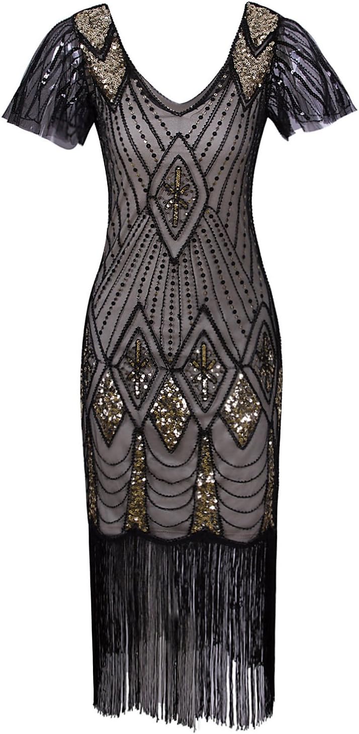 Vijiv Women's 1920s Gatsby Inspired Sequin Beads Long Fringe Flapper Dress with Sleeves