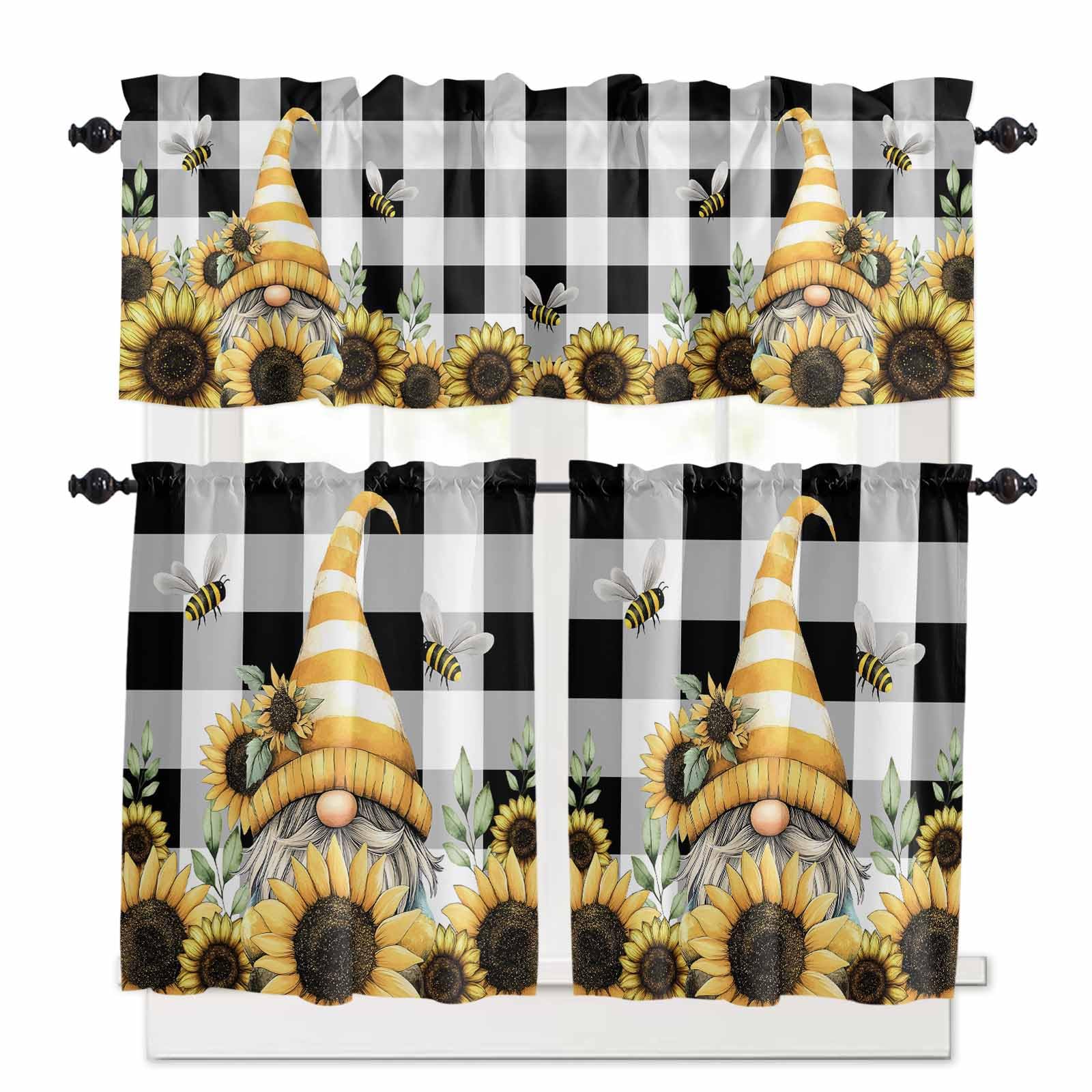 Yellow Dwarf Kitchen Curtains 36 Inch Length, 3 Piece Rod Pocket Small Half Tiers and Valance Set, Sunflower Hat Bee Black White Plaid Small Large Window Treatment Decor for Bedroom/Bathroom Sink