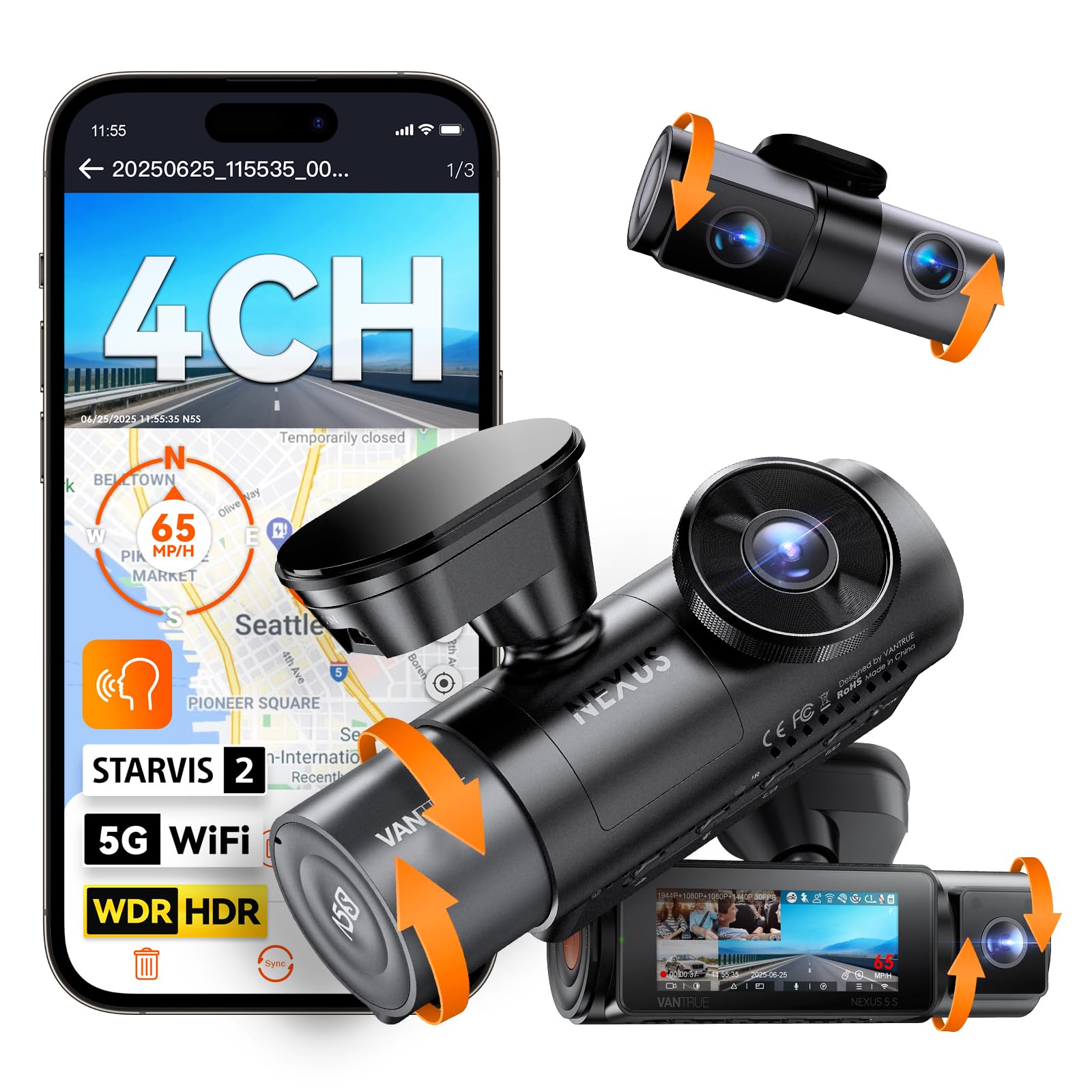 Vantrue N5S 4 Channel 360 Degree WiFi Dash Cam, STARVIS 2, IR Night Vision, 2.7K+1080P*2+1440P Front Rear Inside Dashcam, Voice Control, GPS, 24 Hours Parking Mode, IR Night Vision, Support 1TB Max