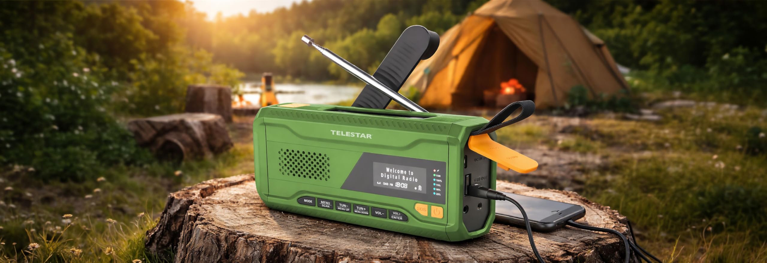 TELESTAR TOP NR 5 – Notfallradio mit 4000 mAh Akku – Grün | Kompaktes Kurbelradio, Solarpanel, Powerbankfunktion, Taschenlampe, SOS Funktion