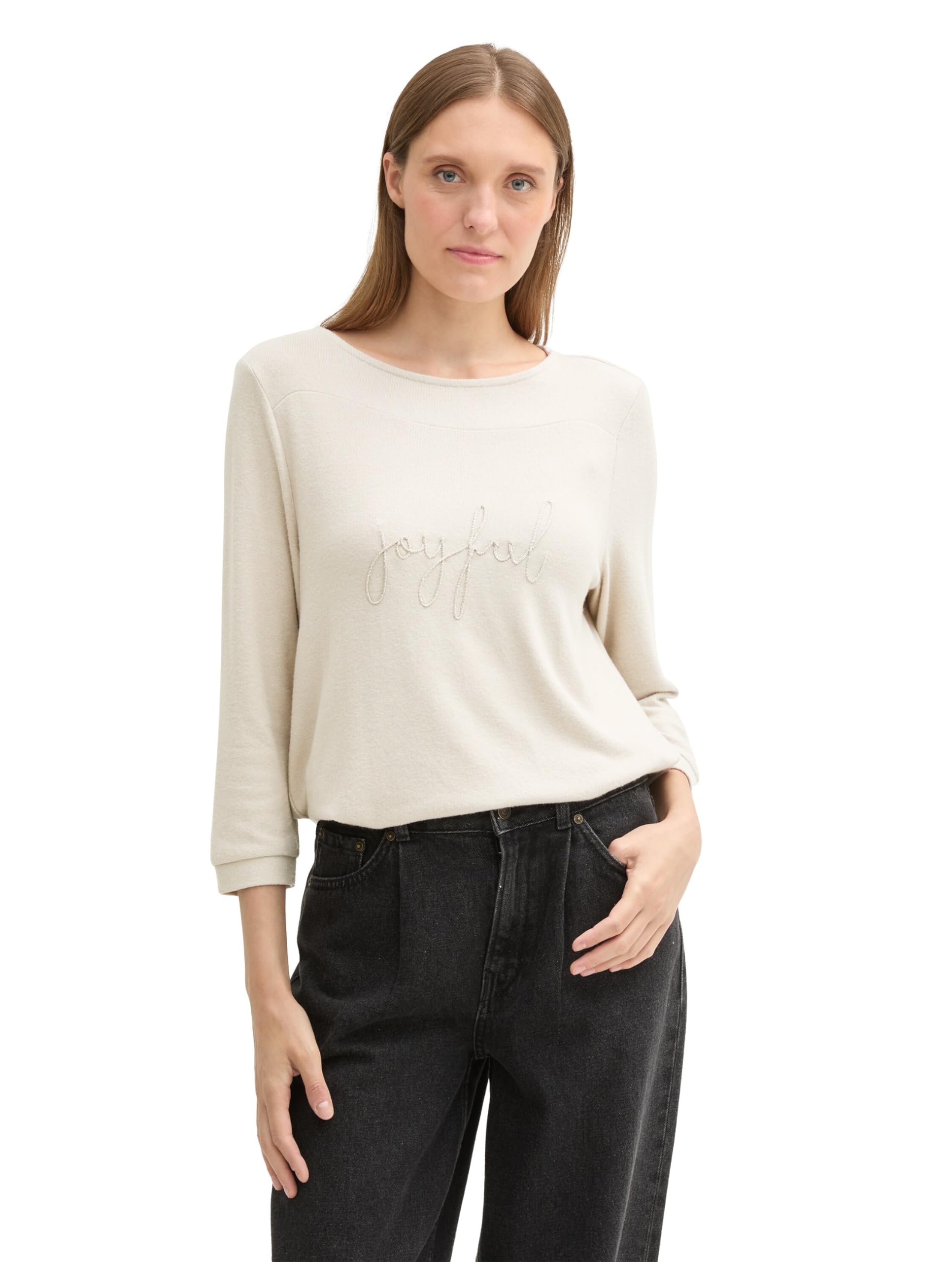 Tom Tailor Damen 1043103 Cozy Longsleeve mit Schriftzug (1er Pack)