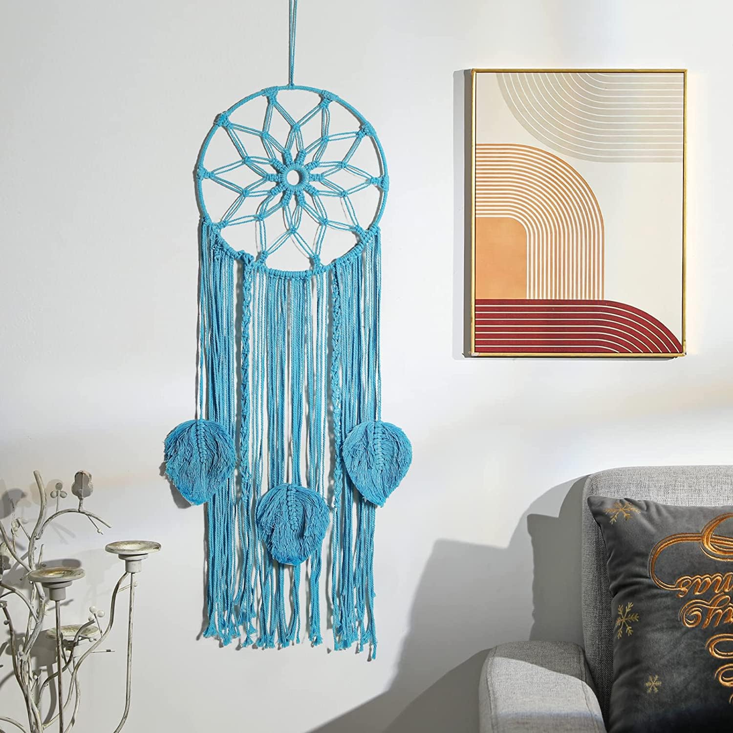 Zodics - Sky Blue Cotton Macrame Dream Catcher Type Woven Feather Wall Hanging Handmade Dreamcatcher Boho Tassels Decoration Home Decor Ornament Craft. (DC - 002)