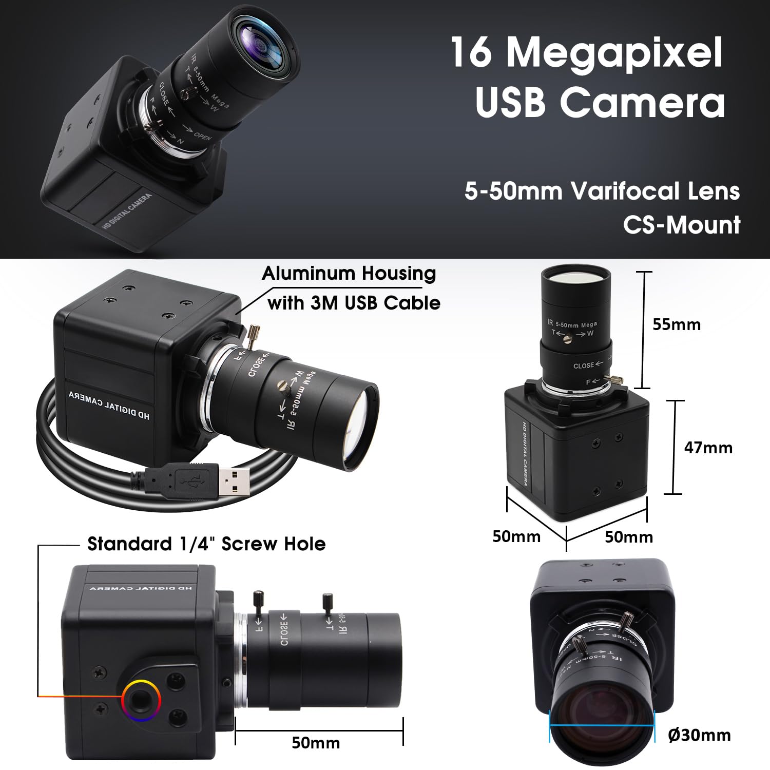 SVPRO 16MP USB Kamera mit Manuellem 5-50mm Objektiv, 10 Fach Optischem Zoom Webcam für PC Laptop, 4656x3496, IMX298 Sensor, UVC Industrielle Bildverarbeitungs Kamera für Windows,Linux,MacOS,Android