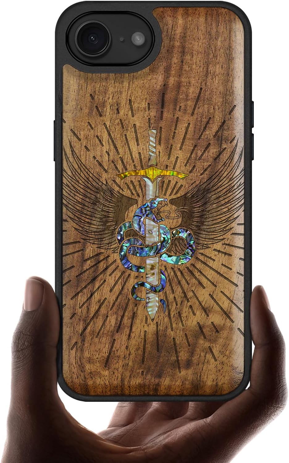 Carveit Magnetic Wooden Case for iPhone 16e / 17e, Wood Artisan Engraved & Handmade Shell Inlaid, TPU Shockproof Cover, Compatible with MagSafe Wireless Chargers, Outlaw Skull Wanted - Rosy