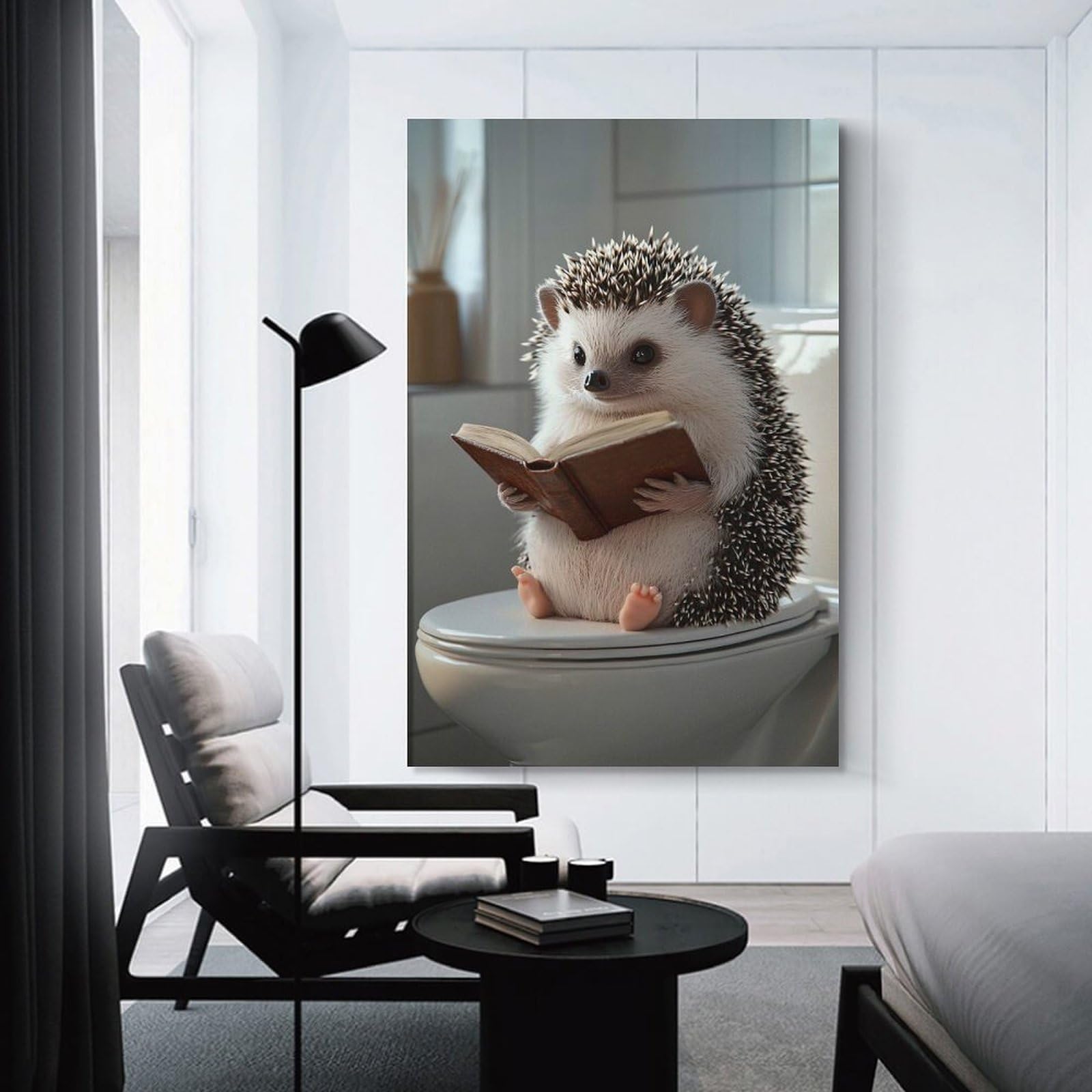 Junmoney Hedgehog Reading A Book on Toilet Wall Picture Print 20x30inch(50x75cm), for Bedroom Decor, Cosy Corners Or Studios, Home Artwork with A Soft Interior Feel