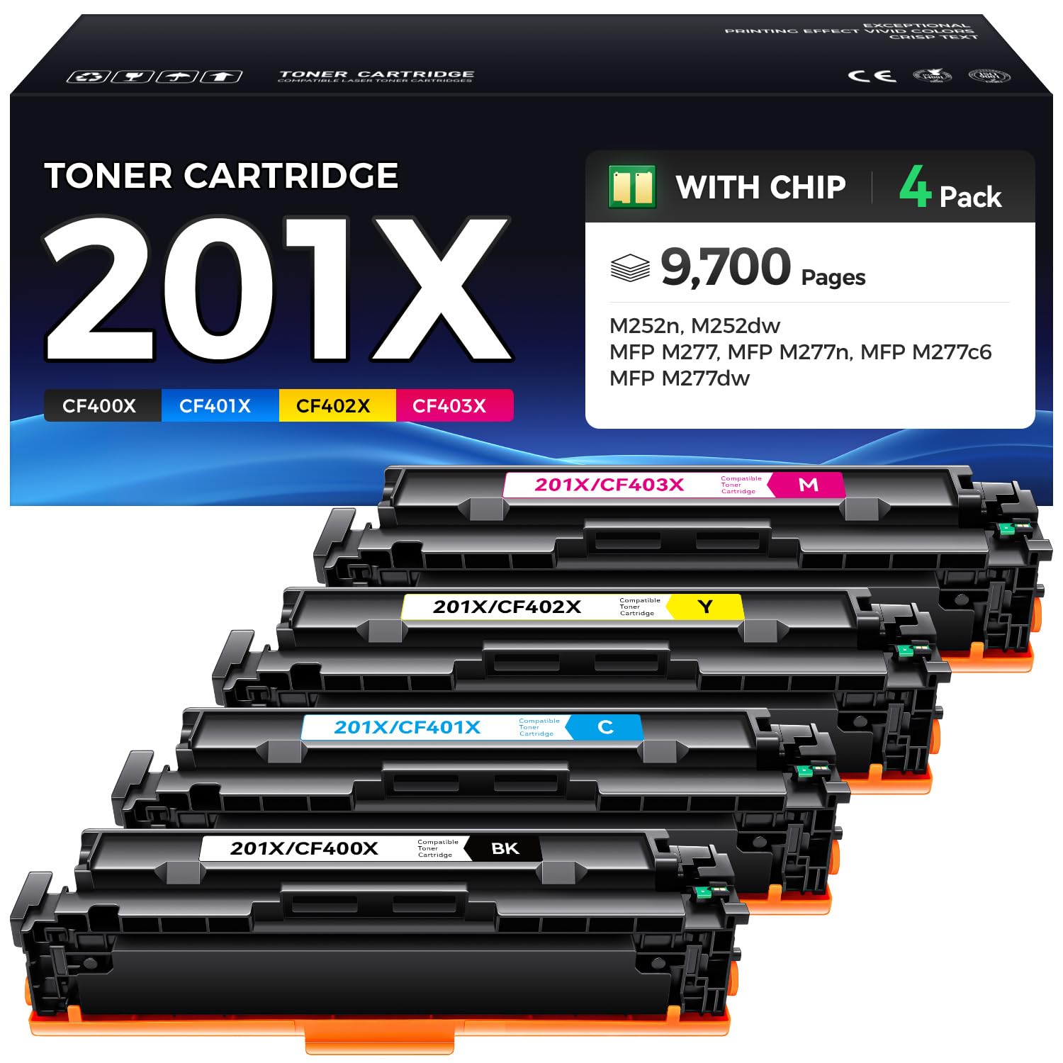 201X Toner Cartridge Set 4-Pack High Yield Replacement for HP 201X 201A CF400X CF401X CF402X CF403X Compatible for Color LaserJet Pro MFP M277dw M277n M277c6 M252dw M252n Printer Ink Black All-in-One