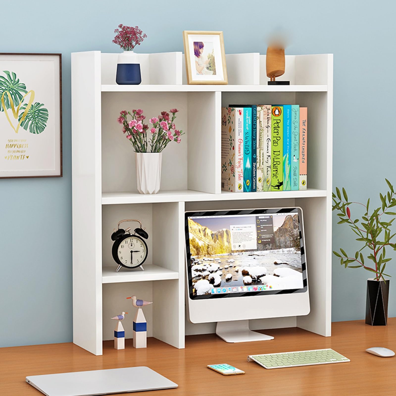 ASerZenith Wooden Desktop Bookshelf Organizer With Pegboard Dorm Room Storage Rack For Students Miniature Skinny Wood Hutch Bookcase For Office Desk (White 80Cm/31.4In)