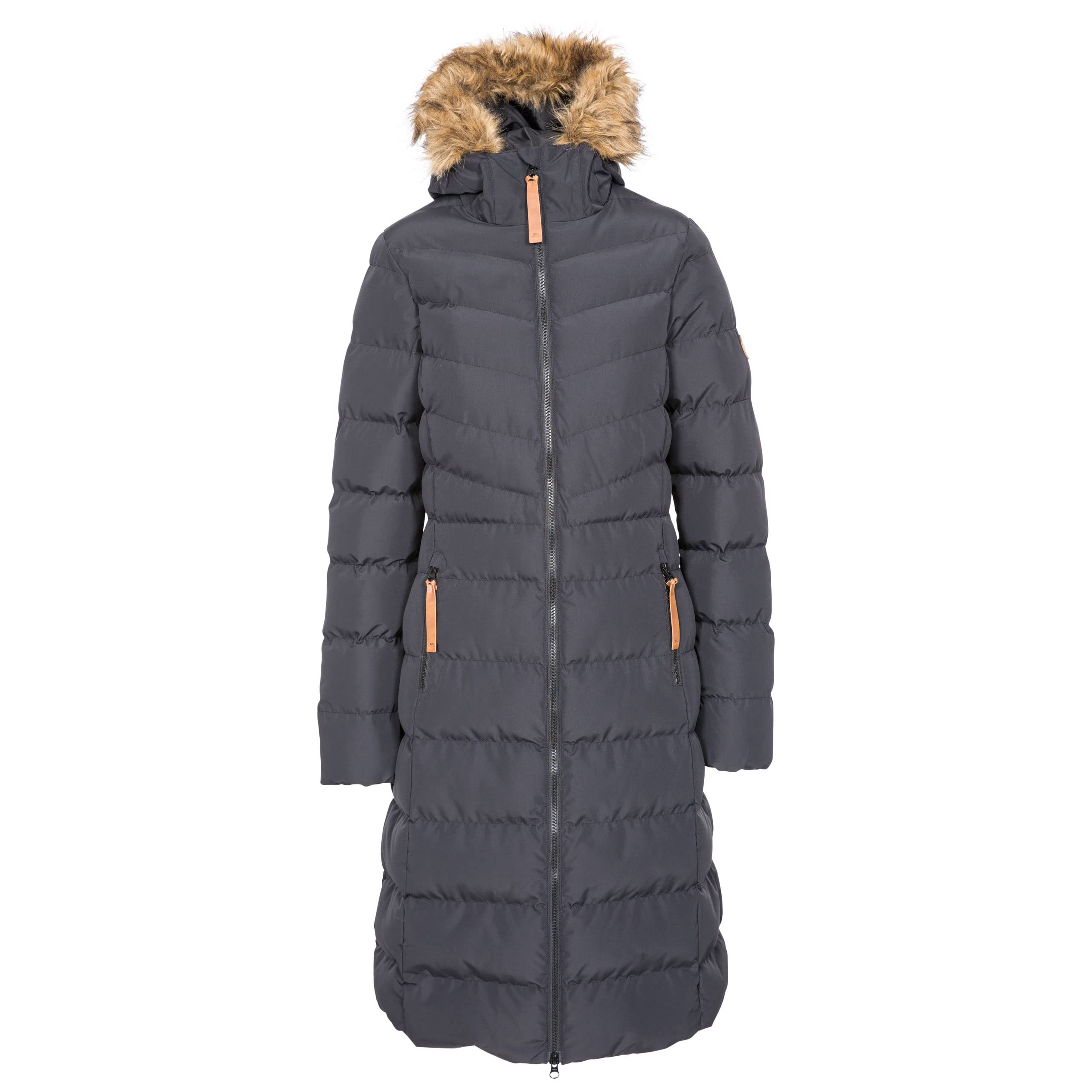Trespass Women's Black Jacket Audrey - Waterproof 2000Mm, Windproof, Faux Fur Trim, Padded, 2 Zip Pockets, Grown On Hood, Two Way Front Zipper, Longer Length, Badge Detail On Sleeve