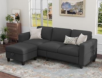 78" Couches for Living Room 3 Seats L Shaped Grey Sofa + Ottoman