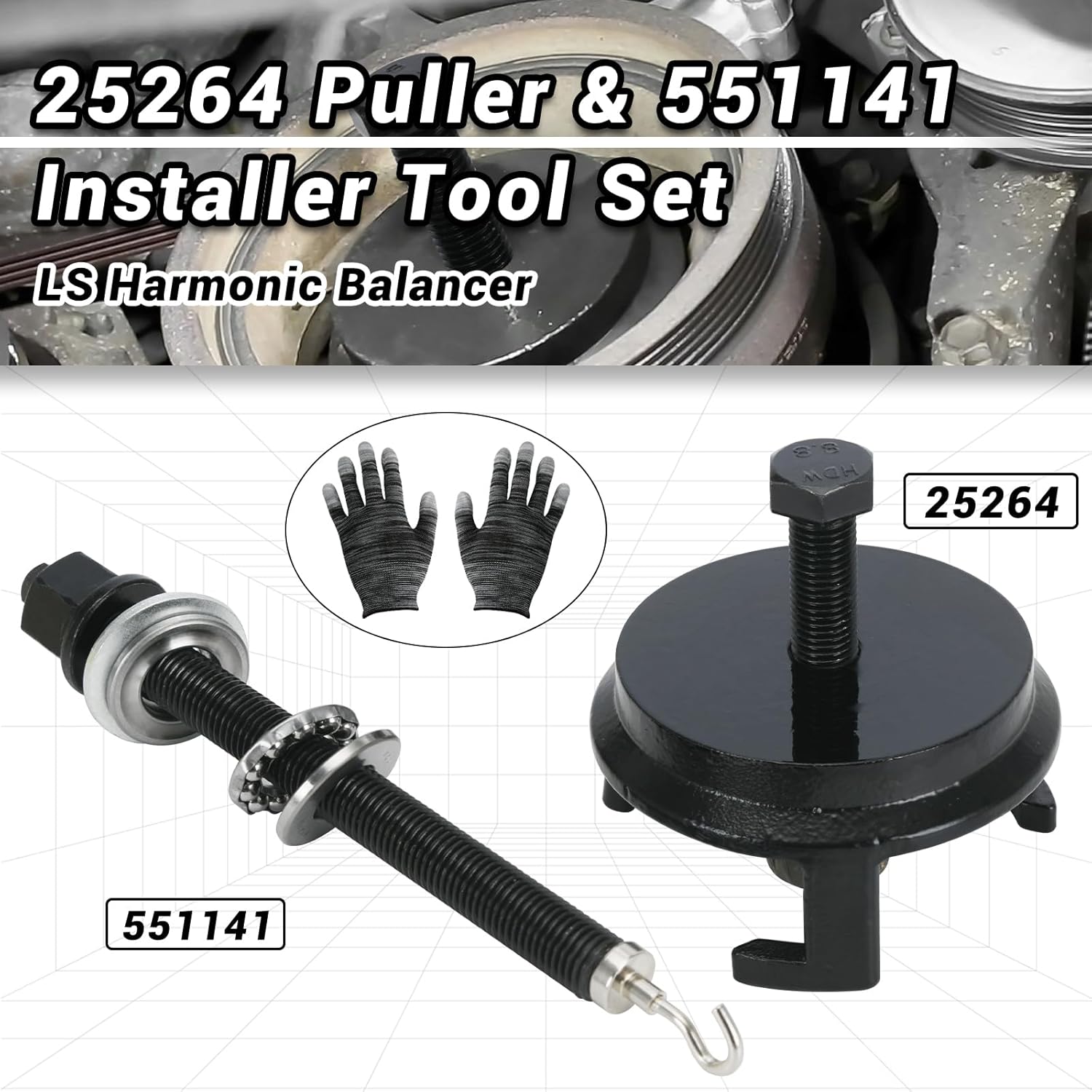 For GM 25264/551141 Harmonic Balancer Puller and LS Harmonic Balancer Installer Fit for GM 1997-UP V8 LS1 LS2 LS3 LS4 LSX LSA LS6 LQ4 LQ9 Crank Pulley Puller and Installer Set for GM LS LT Engines