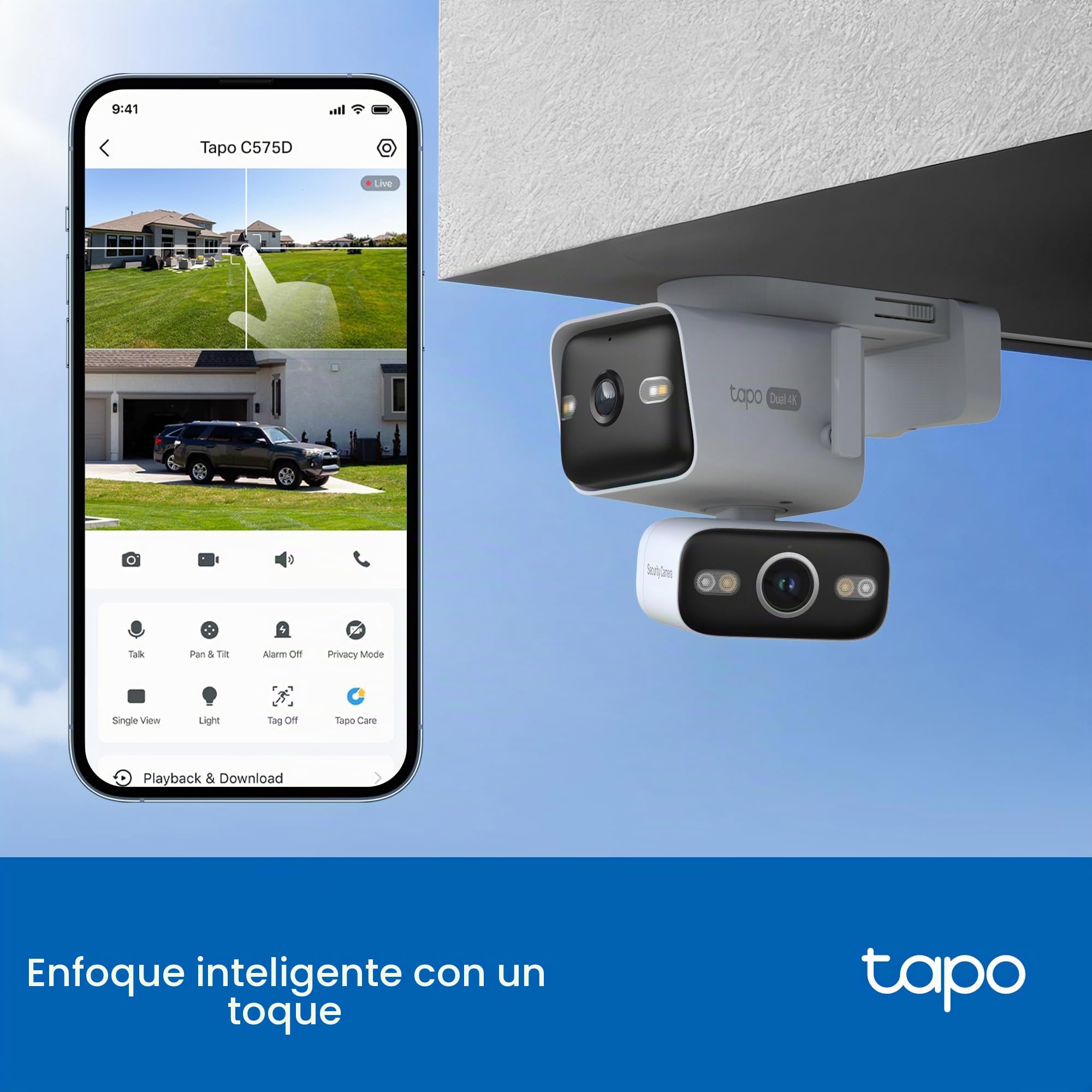 Tapo C575D - Cámara de Vigilancia Exterior WiFi 4K Doble Lente, Visión 170°, PTZ 360°, Seguimiento Inteligente IA, Visión Nocturna Color, PoE, IP66, Audio Bidireccional